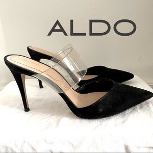 ALDO POINTED  BLACK AND CLEAR SLIP ON HEELS